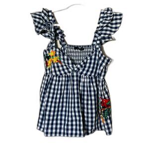 Zara Women Navy Gingham Embroidered Parrot Babydoll Tank Large Festival Floral